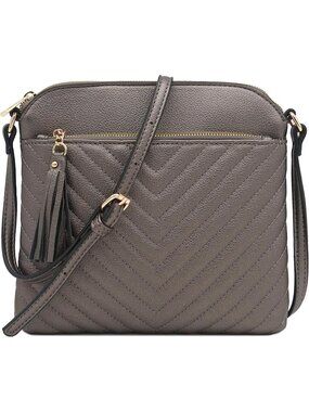 Women's Silver Smoke Chevron Quilted Medium Tassel Accent Shoulder Crossbody Bag